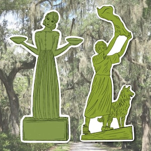 May include: Two green sticker cutouts of statues. One statue holds scales, the other holds a cloth and stands with a dog. The background is a blurred image of trees with Spanish moss.