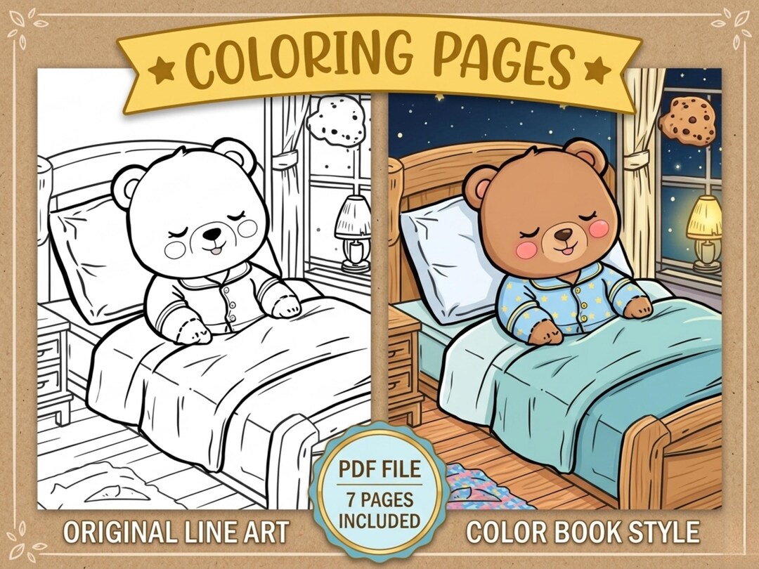 Cozy Night Routine Coloring Pages Printable PDF, Animals Bedtime ...