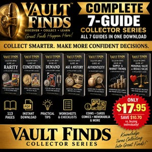 May include: A digital product bundle titled Vault Finds Complete 7-Guide Collector Series. It includes seven individual guides covering rarity, condition, demand, age, history, authenticity, supply, market trends, and personal versus resale value.