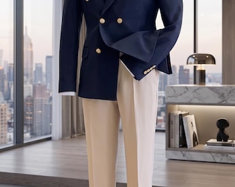 Navy Blue Double-Breasted Blazer with Cream Trousers Formal Slim Fit 2Piece Suit for Weddings Business, and Special Events STITCHANDSOLESHOP