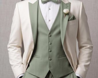 Terno masculino elegante de 3 peças em verde sálvia e creme – moderno e sofisticado para casamentos.