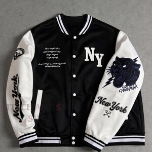Premium Wool Varsity Jacket, Gotham Cyberpunk Black Panther Letterman Jacket, Heavyweight Wool NY Patch Bomber, Streetwear New York Jacket.