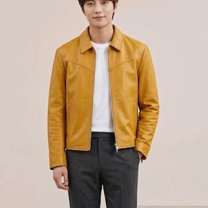 Senfgelbe Echtleder-Westernjacke für Herren - Slim Fit-Bomber-Stil