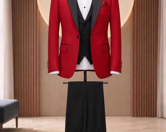 Men's Luxury Crimson Red Tuxedo – 3-Piece Formal Set