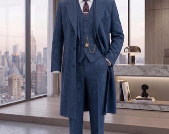 Traje de tres piezas para hombre de tweed azul con estampado de espiga, con sobretodo y gorra de repartidor de periódicos. Estilo vintage de los años 20, estilo Peaky Blinders. Traje formal de invierno para graduaciones, bodas y eventos especiales.