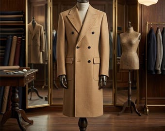Camel Wool Blend Double-Breasted Overcoat – Slim Fit Formal Business Jacket