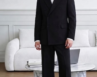 Men's Black  Double-Breasted Suit, Italian Style Wide-Leg Trousers
