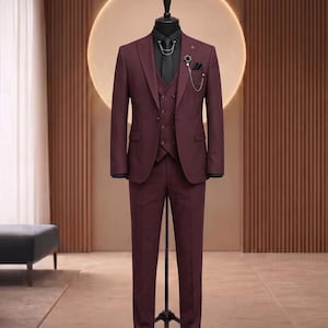 Burgundy Double-Breasted Slim Fit 3-Piece Suit – Elegant Wedding Formal Wear