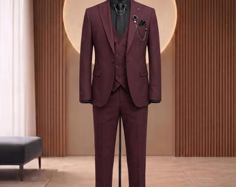 Premium Burgundy 3-Piece Suit for Men  Slim Fit Maroon Wedding Suit- Double Breasted Vest, Jacket & Trousers  Elegant Formal Wear for Groom