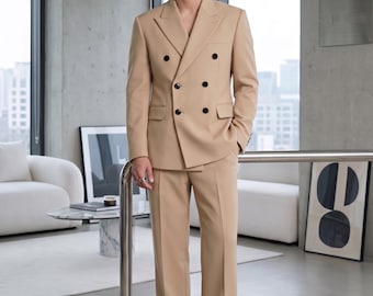 Herren Beige Zweireiher Slim Fit Anzug - Italienische Hose mit weitem Bein
