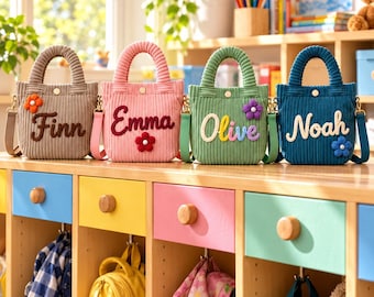Personalized Kids Mini Tote Bag, Corduroy Custom Name Handbag, Child Crossbody Purse, Gift For Toddler Birthday, Cute Floral Embroidered Bag