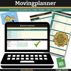 Moving Planner Google Sheets | Checklist Budget Vendors Registrations | Digital Planner Download