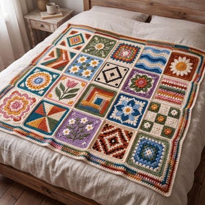 May include: A multi-coloured crochet blanket composed of various square patches featuring floral, geometric, and abstract patterns. The squares are joined together in a grid, showcasing a diverse palette of yarn colours including blue, green, orange, pink, and white.