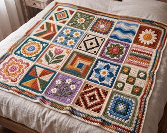 May include: A multi-colored crochet blanket composed of various square patches featuring floral, geometric, and abstract patterns. The squares are joined together in a grid, showcasing a diverse palette of yarn colors including blue, green, orange, pink, and white.