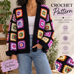 May include: A crochet pattern for a granny square cardigan featuring a black base with colorful square motifs in shades of pink, purple, orange, yellow, and green. The text reads Crochet Pattern, Granny Square Cardigan, PDF, Instant Download.