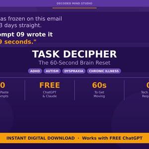 May include: Digital graphic in purple and gold. Text states "TASK DECIPHER: The 60-Second Brain Reset." Information on ADHD, Autism, Dyspraxia, and Chronic Illness is included. Features "Instant Digital Download" and mentions ChatGPT.
