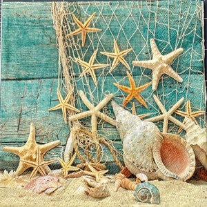 May include: Square napkin with a beach theme. The design features starfish, seashells, and a fishing net against a weathered teal wood background. The text "Set of 3 Napkins" is visible.