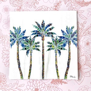 Paper Napkin featuring Blue and green mosaic patten palm leaves with multicolored palm tree trunk