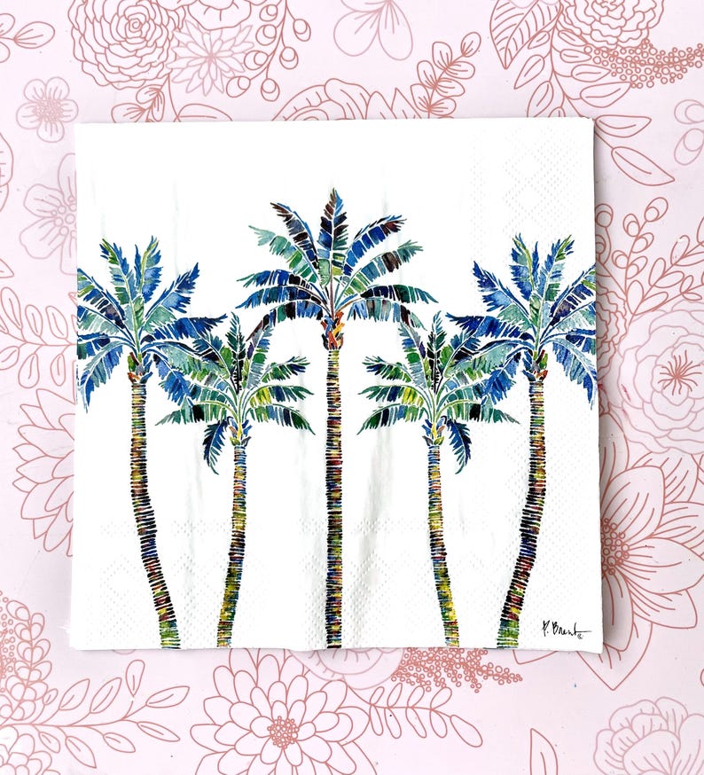 Paper Napkin featuring Blue and green mosaic patten palm leaves with multicolored palm tree trunk