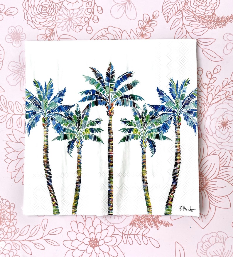 Paper Napkin featuring Blue and green mosaic patten palm leaves with multicolored palm tree trunk