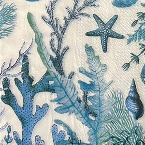 Paper Napkin featuring Blue coral and shells on white background