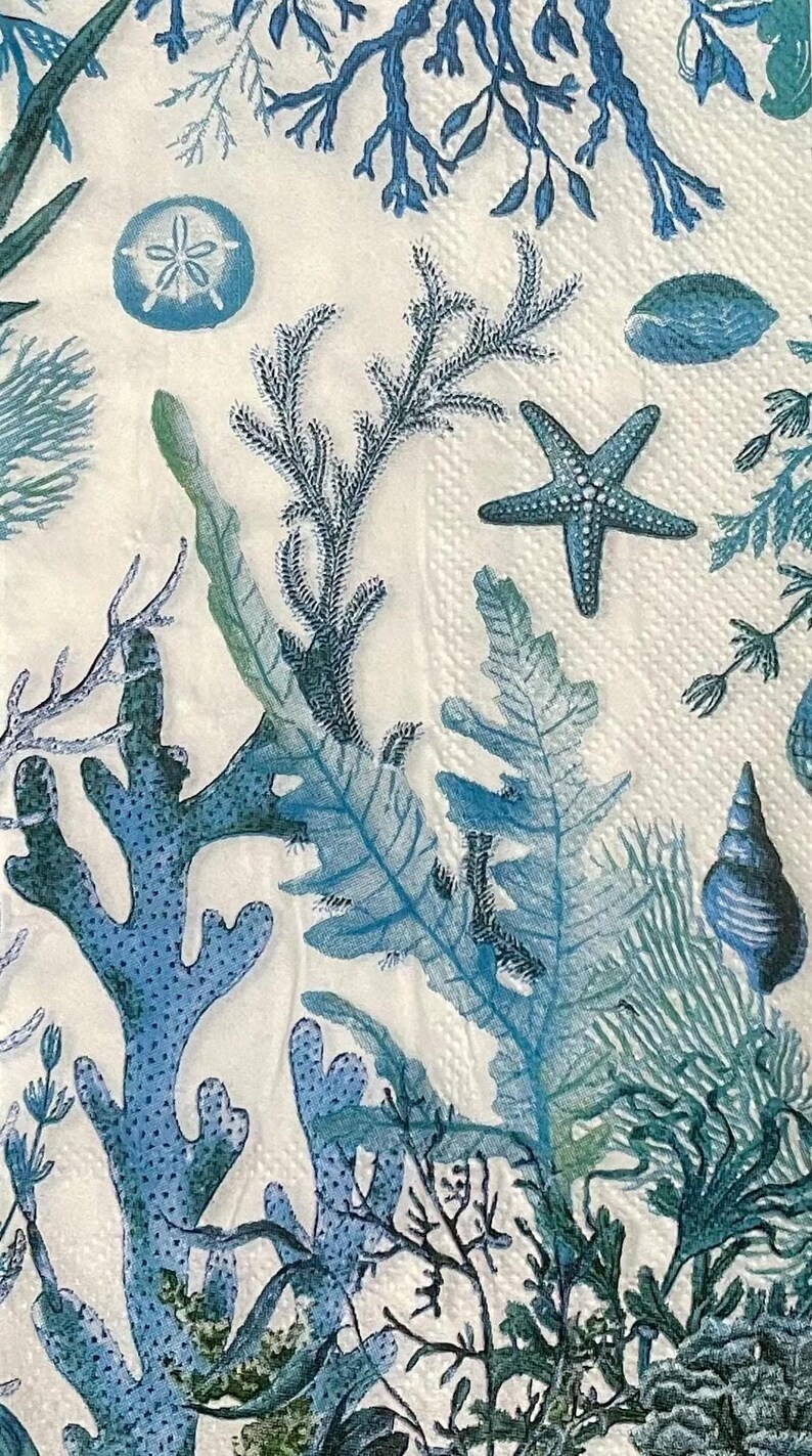 Paper Napkin featuring Blue coral and shells on white background