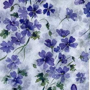 Paper Napkin featuring Cobalt blue vinca blooms with green stems on white background