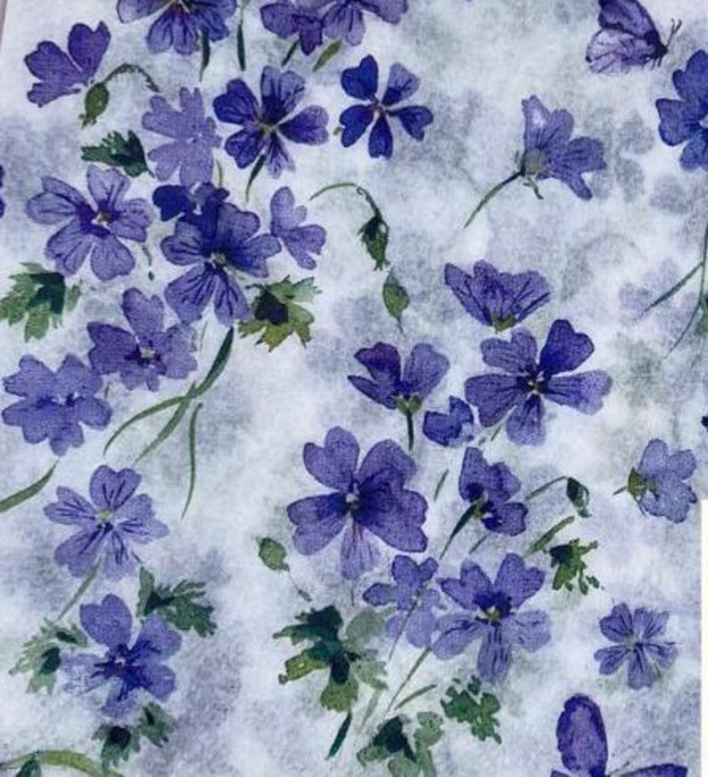 Paper Napkin featuring Cobalt blue vinca blooms with green stems on white background