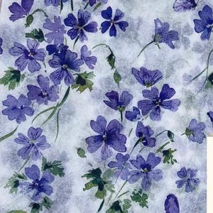 Paper Napkin featuring Cobalt blue vinca blooms with green stems on white background