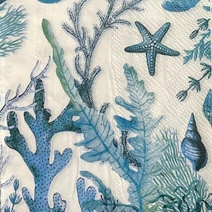 Paper Napkin featuring Blue coral and shells on white background
