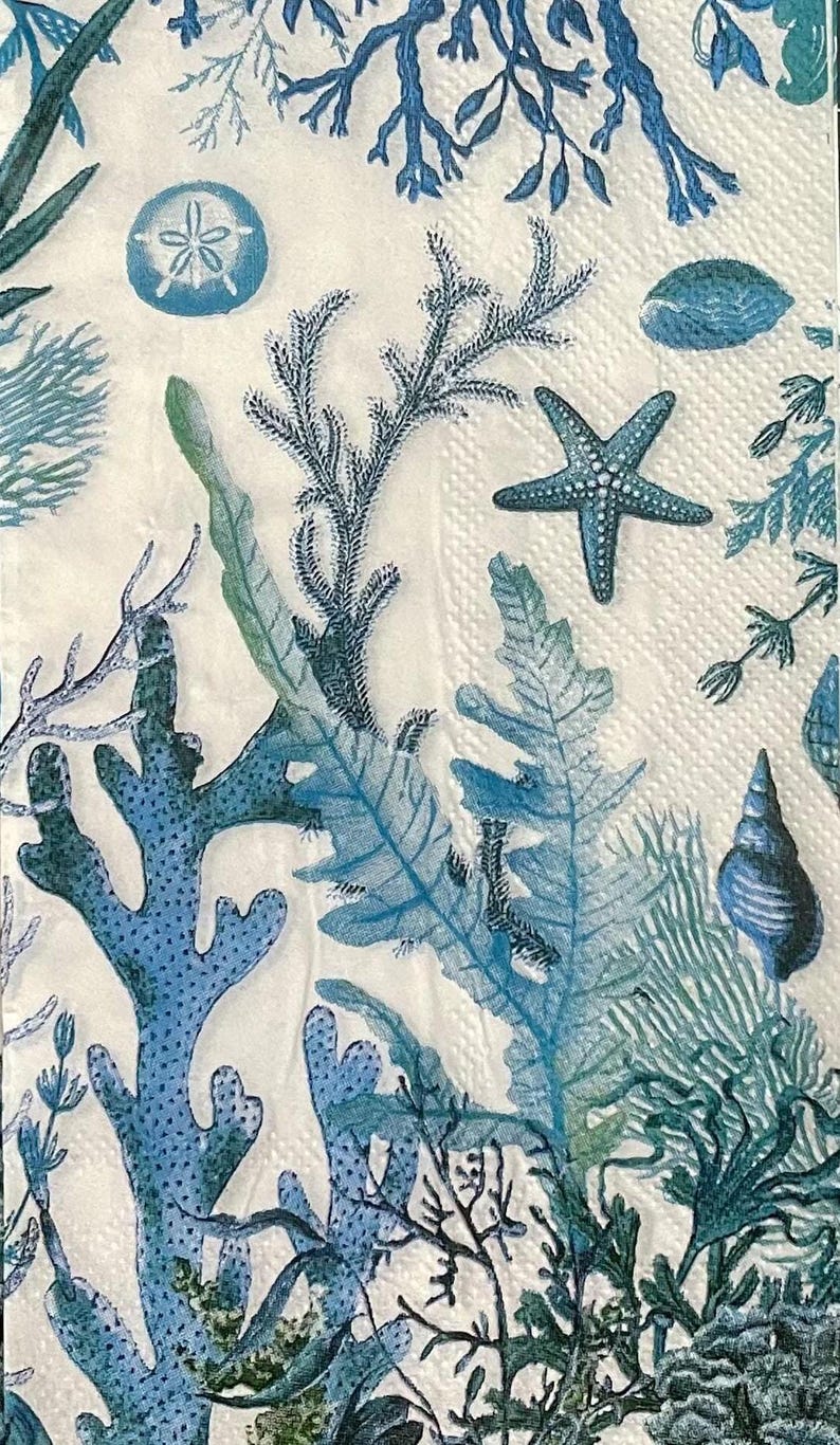 Paper Napkin featuring Blue coral and shells on white background