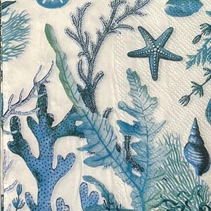 Paper Napkin featuring Blue coral and shells on white background