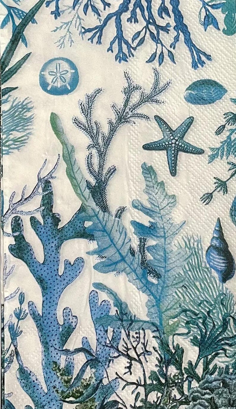 Paper Napkin featuring Blue coral and shells on white background