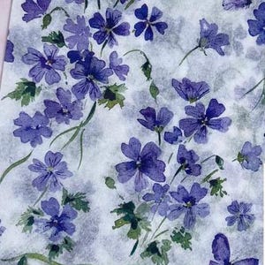 Paper Napkin featuring Cobalt blue vinca blooms with green stems on white background