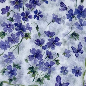 Paper Napkin featuring Cobalt blue vinca blooms with green stems on white background