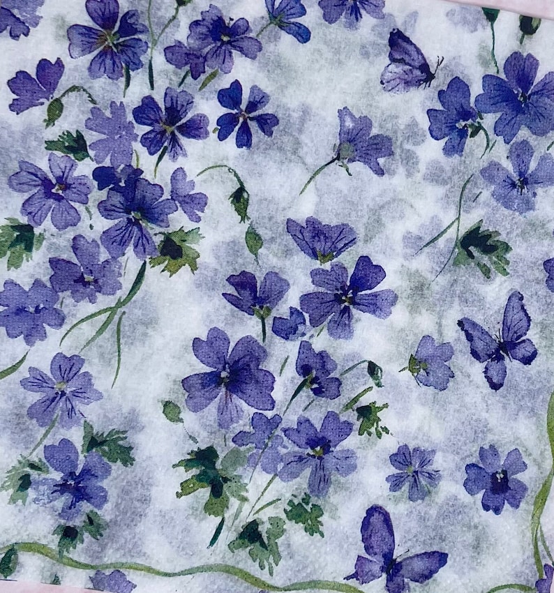 Paper Napkin featuring Cobalt blue vinca blooms with green stems on white background