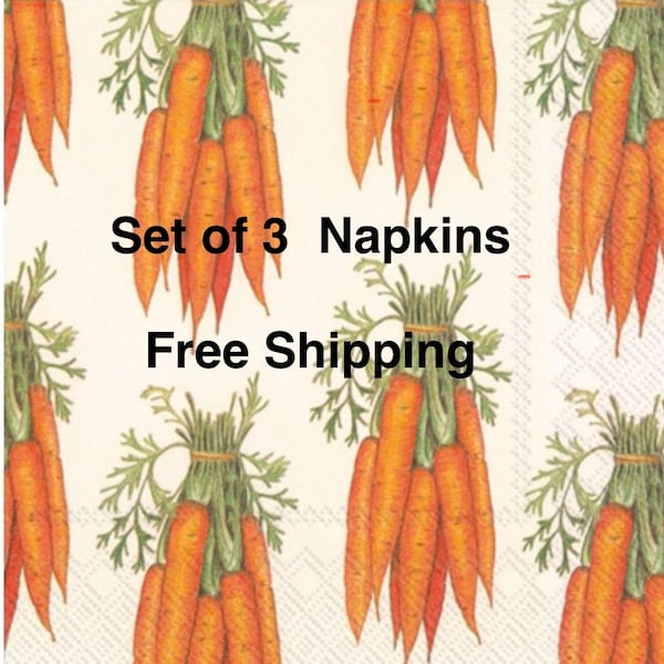 Carrot napkins, Decoupage napkins, Easter Napkins, Luncheon Size Napkins, Set of 3