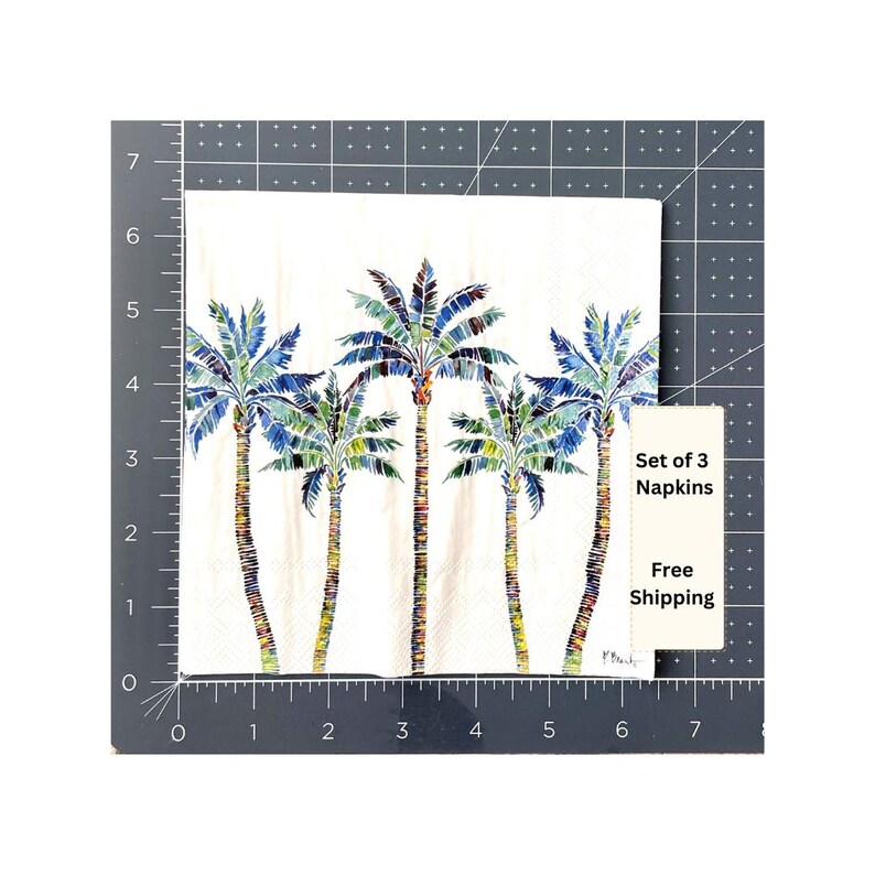 Paper Napkin featuring Blue and green mosaic patten palm leaves with multicolored palm tree trunk