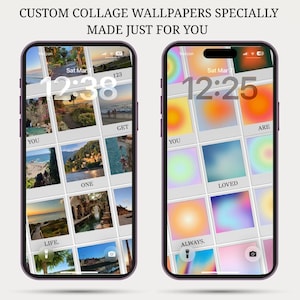 Puede incluir: Dos smartphones con fondos de pantalla de collage personalizados. Uno muestra fotos de paisajes, el otro un diseño de gradiente colorido. El texto en la parte superior dice "CUSTOM COLLAGE WALLPAPERS SPECIALLY MADE JUST FOR YOU."