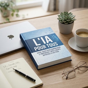May include: A book titled "L'IA POUR TOUS" with a blue cover sits on a wooden desk next to a laptop, a notepad, a pen, a succulent plant, a cup of coffee, and eyeglasses. The book's title is in white, with the subtitle "VOTRE GUIDE POUR COMPRENDRE ET MAÎTRISER L'INTELLIGENCE ARTIFICIELLE EN 2026".