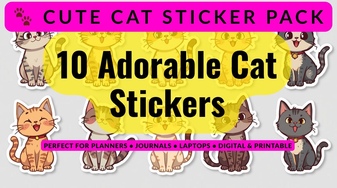Cute Cat Sticker Bundle | 10 Kawaii Cat Stickers | Printable Cat ...