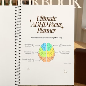 Peut inclure: Un cahier à spirales avec le titre "Ultimate ADHD Focus Planner" en marron. La couverture présente un schéma de cerveau coloré et le texte "ADHD-Friendly Brainstorming Mind Map". Le cahier est ouvert, révélant des pages vierges.