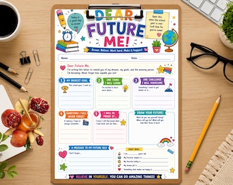 May include: A Dear Future Me printable worksheet on a clipboard featuring colorful illustrations of a globe, books, a pencil, and a rainbow. The document includes sections for goals, challenges, and personal reflections with prompts like My Biggest Goal and Draw Your Future, ending with the text Believe in Yourself. You Can Do Amazing Things!