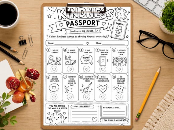 Kindness Passport Kids SEL Printable Social Emotional Learning Kind Challenge Bored Class Activity Growth Mindset Screen Free Kids Coloring