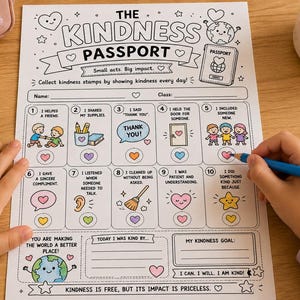 May include: A white paper activity sheet titled The Kindness Passport with black line art illustrations and text. It features ten numbered boxes for tracking acts of kindness, each with a heart icon, plus sections for a name, class, and kindness goals.