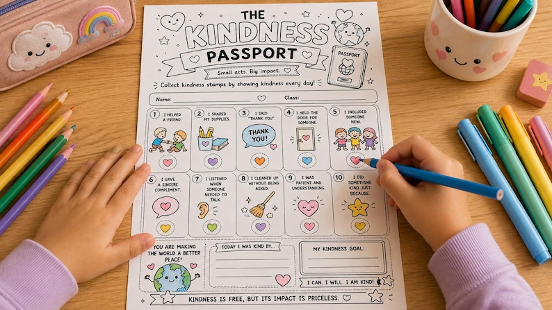 May include: A white paper activity sheet titled The Kindness Passport with black line art illustrations and text. It features ten numbered boxes for tracking acts of kindness, each with a heart icon, plus sections for a name, class, and kindness goals.