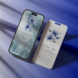 May include: Two items: a smartphone and a card, both featuring a floral design. The phone displays a blue and white floral arrangement with text that reads "A Bridal Soiree" and "Elizabeth Smith". The card has a similar design.
