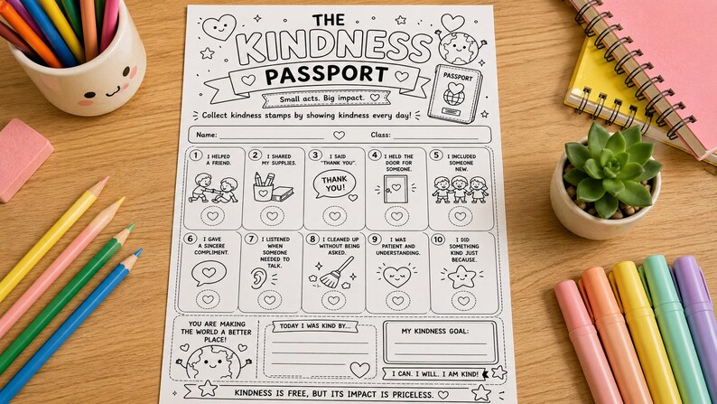 May include: A white paper sheet titled The Kindness Passport with black line art illustrations and text. It features ten numbered boxes for tracking acts of kindness, a name and class field, and motivational phrases like Small acts. Big impact.