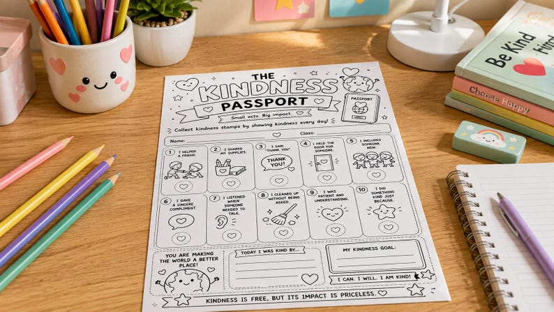 May include: A white paper sheet titled The Kindness Passport with black line art illustrations and text. It features ten numbered boxes for tracking acts of kindness, a section for a name and class, and motivational phrases like I can. I will. I am kind.