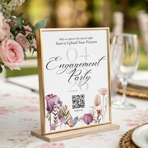 Engagement Party QR Code Sign Template Editable Canva Photo Sharing Engagement Party Sign Purple Love Invite Wed QR Code Scan to Share Photo